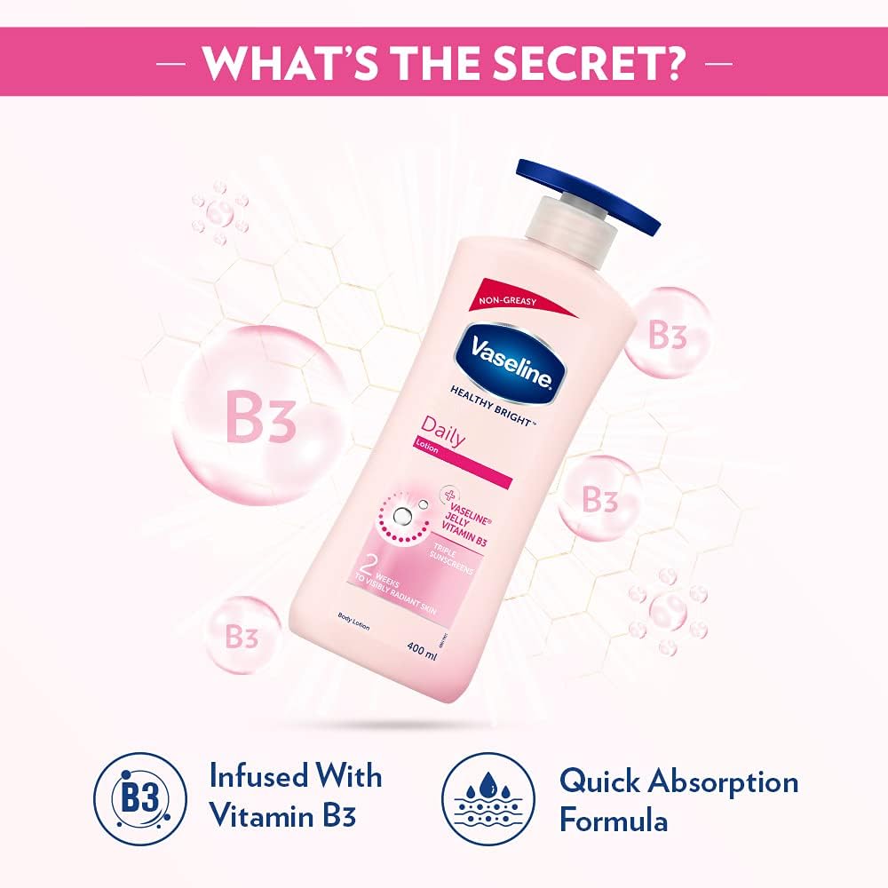Vaseline Daily Brightening Even Tone Body Lotion for Glowing Skin, with Vitamin B3 & Triple Sunscreens 400ml For Radiant Looking Skin 2 Weeks Vaseline Body Lotion 400ml