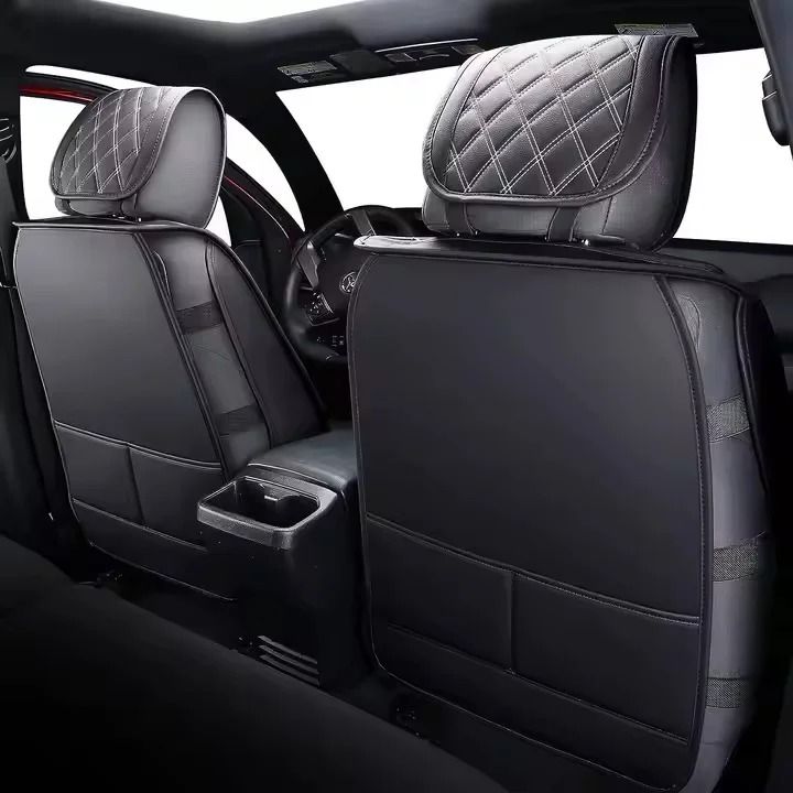 Universal Black PU Leather Car Seat Cover for 5-Seaters  Airbag Compatible Safety Buckle Compatible Cup Holder Friendly Full Side Coverage Built-in Front Seat Storage Pockets Elegant 3D Diamond Stitch