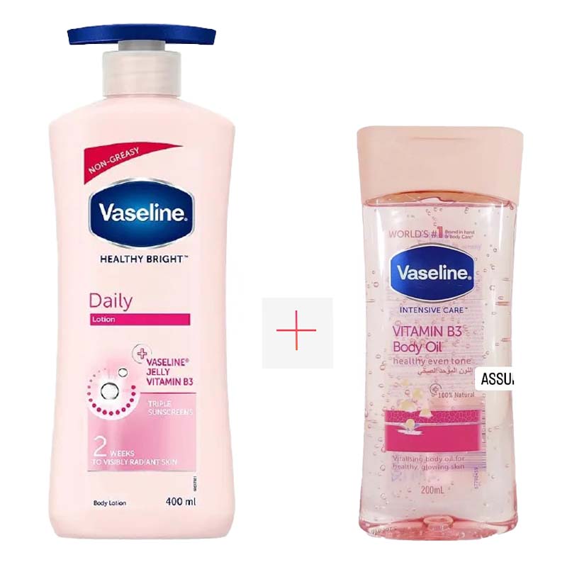 2 Packs Vaseline Daily Brightening Even Tone Body Lotion 400ml + 200ml for Glowing Skin, with Vitamin B3 & Triple Sunscreens For Radiant Looking Skin in 2 Weeks Vaseline Body Lotion and Oil