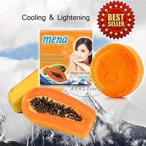 Mena Papaya Soap Cooling Formula 150 g – Herbal Face & Body Bar with Papaya Extract, Vitamin E & Menthol for Brightening, Deep Cleansing & Refreshing Sensation