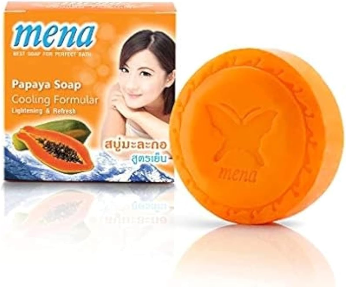 Mena Papaya Soap Cooling Formula 150 g – Herbal Face & Body Bar with Papaya Extract, Vitamin E & Menthol for Brightening, Deep Cleansing & Refreshing Sensation