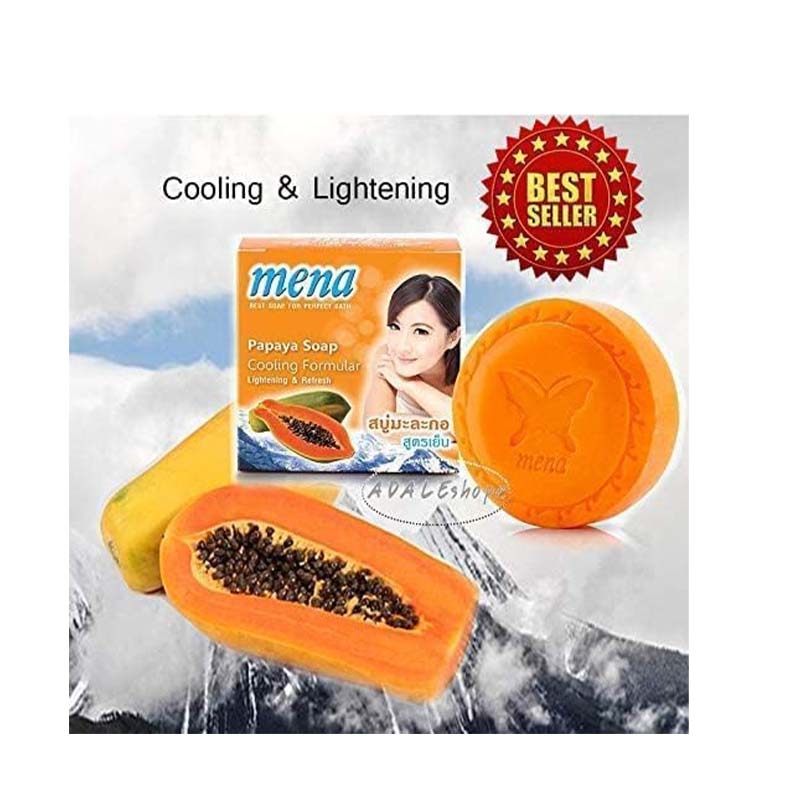 Mena Papaya Soap Cooling Formula 150 g – Herbal Face & Body Bar with Papaya Extract, Vitamin E & Menthol for Brightening, Deep Cleansing & Refreshing Sensation