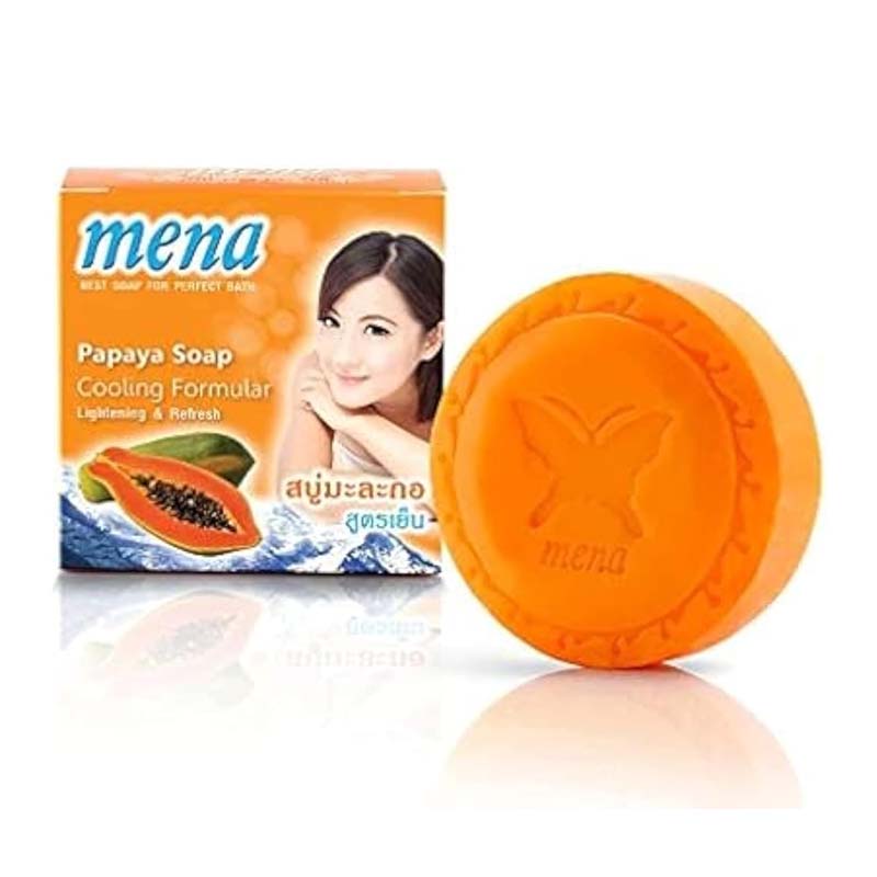 Mena Papaya Soap Cooling Formula 150 g – Herbal Face & Body Bar with Papaya Extract, Vitamin E & Menthol for Brightening, Deep Cleansing & Refreshing Sensation