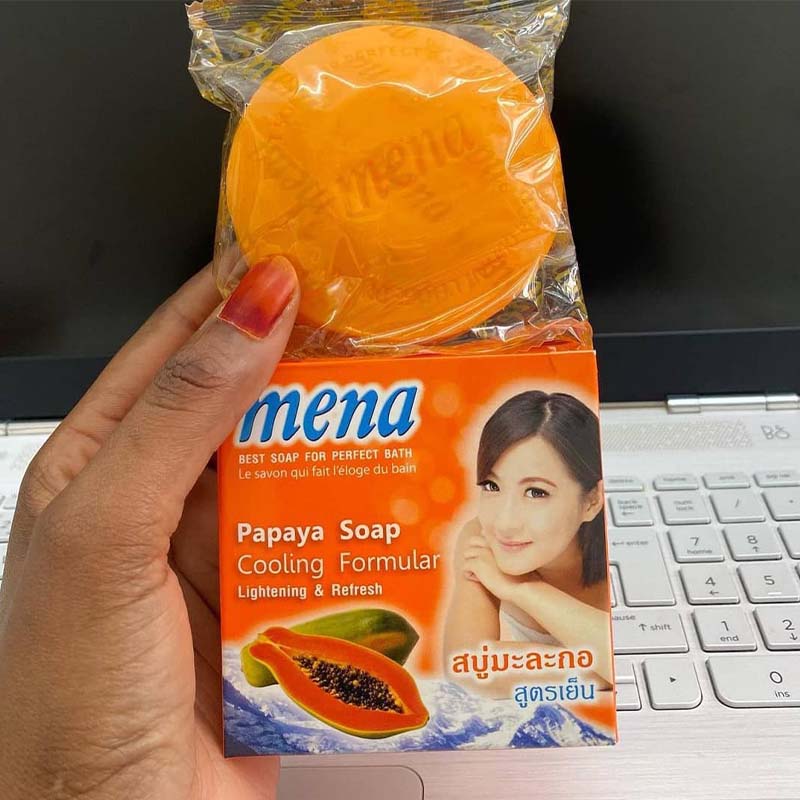 Mena Papaya Soap Cooling Formula 150 g – Herbal Face & Body Bar with Papaya Extract, Vitamin E & Menthol for Brightening, Deep Cleansing & Refreshing Sensation