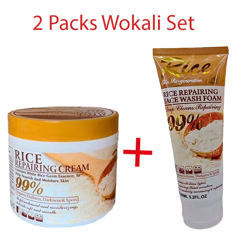 2 Packs Fruit of the Wokali Rice Set – 2‑Piece Rice Repairing Face Wash Foam & Nourishing Rice Repairing Cream Combo for Brightening, Anti‑Dark Spots, Hydration & Skin Regeneration