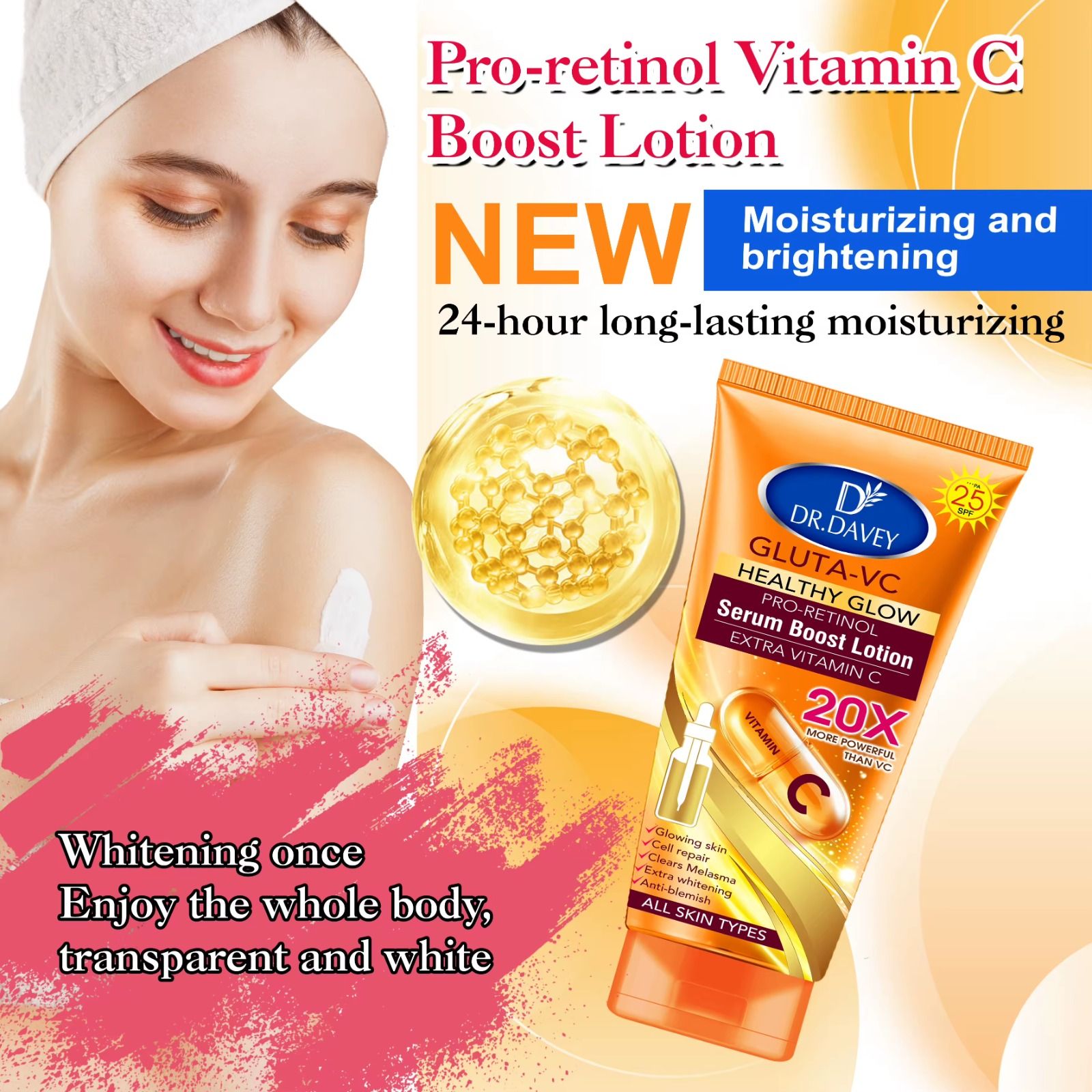 Dr Davey Gluta VC Retinol Serum Boost Lotion 300 ml – Brightening & Firming Body Lotion with Glutathione, Vitamin C & Retinol – Lightweight, Hydrating, Tone-Enhancing Formula