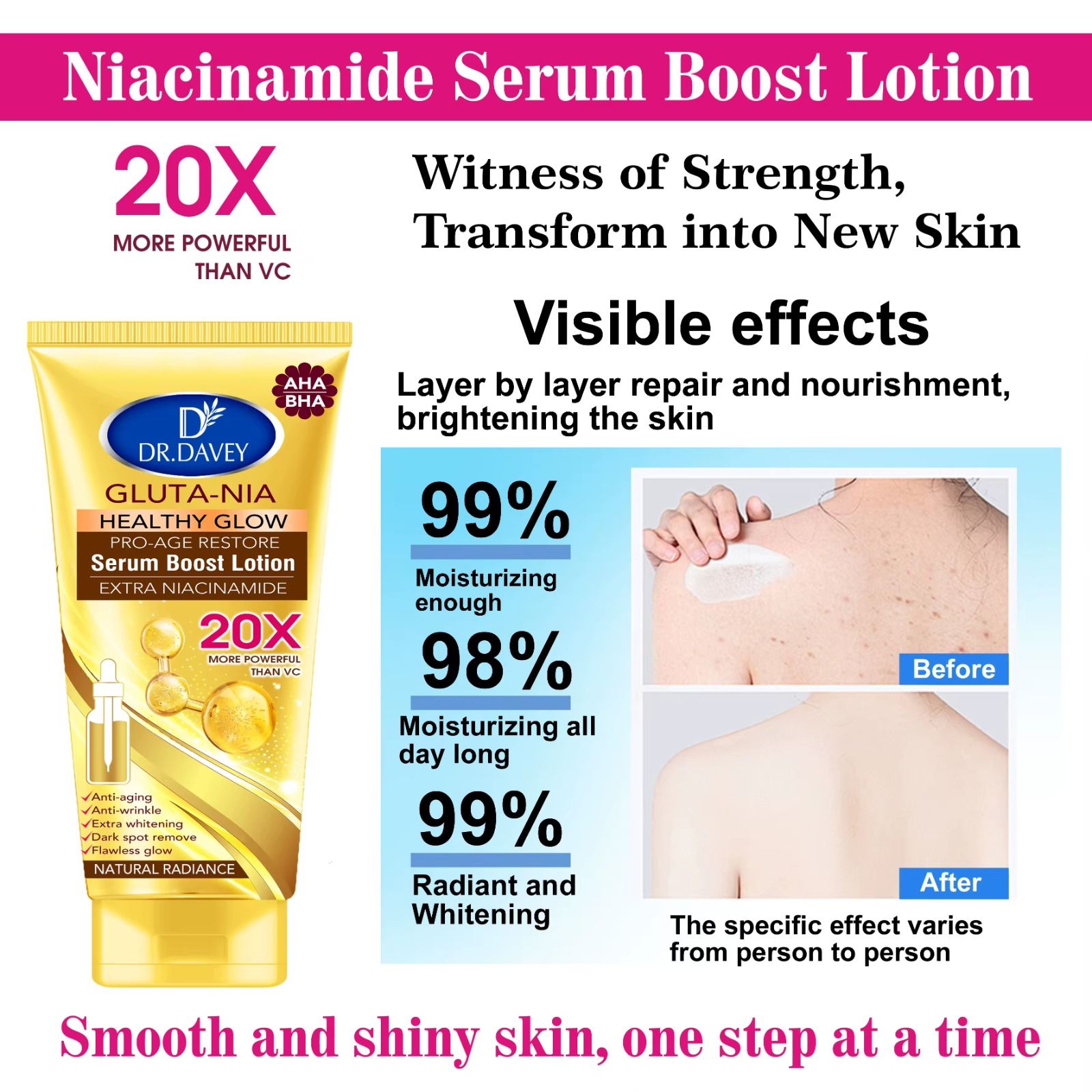 Dr Davey Gluta VC Retinol Serum Boost Lotion 300 ml – Brightening & Firming Body Lotion with Glutathione, Vitamin C & Retinol – Lightweight, Hydrating, Tone-Enhancing Formula