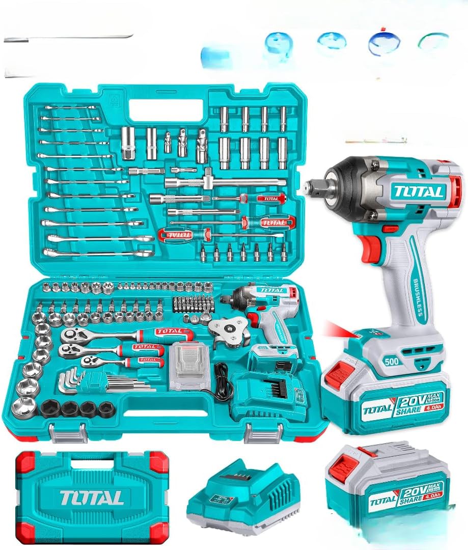 Total THKTHP31522 Cordless Impact Wrench 152 Pcs Set with Lithium Battery, Fast Charger, High Torque Power Tool Kit for Car, Garage, DIY, Construction and Heavy Duty Use
