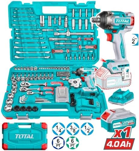 Total THKTHP31522 Cordless Impact Wrench 152 Pcs Set with Lithium Battery, Fast Charger, High Torque Power Tool Kit for Car, Garage, DIY, Construction and Heavy Duty Use