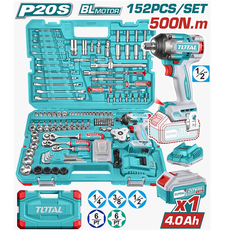 Total THKTHP31522 Cordless Impact Wrench 152 Pcs Set with Lithium Battery, Fast Charger, High Torque Power Tool Kit for Car, Garage, DIY, Construction and Heavy Duty Use
