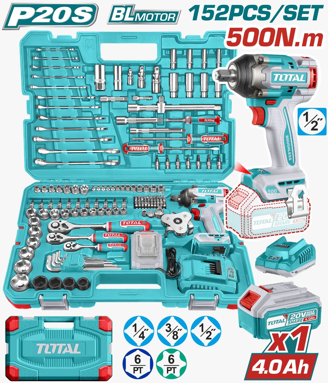 Total THKTHP31522 Cordless Impact Wrench 152 Pcs Set with Lithium Battery, Fast Charger, High Torque Power Tool Kit for Car, Garage, DIY, Construction and Heavy Duty Use