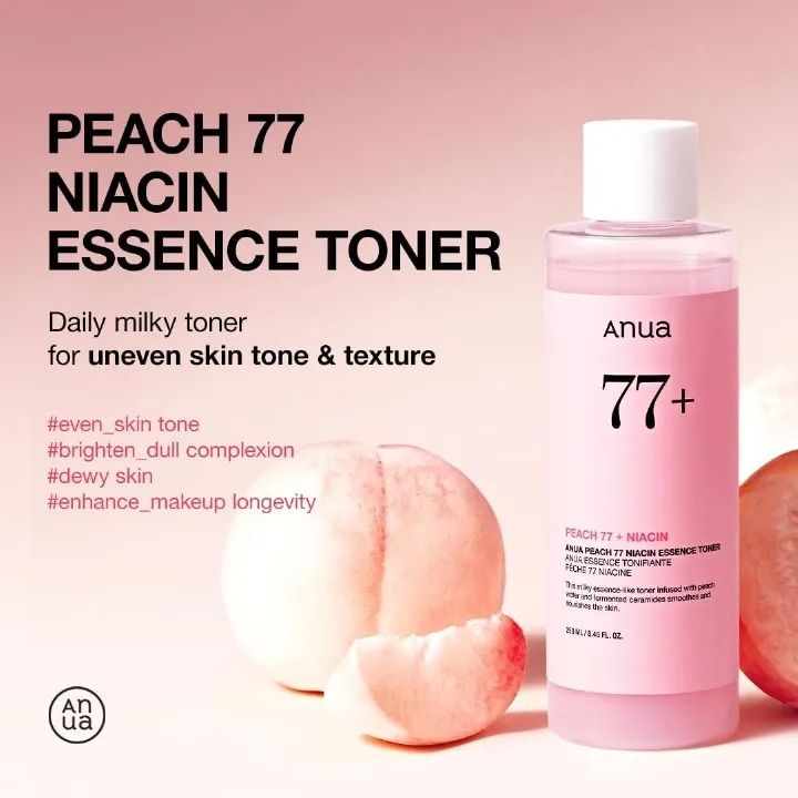 Anua Peach 77 Niacin Essence Toner 77% 250ml – Hydrating Brightening Toner, Peach Extract Essence, Niacinamide Skin Glow, Gentle Exfoliation, Smooth Makeup Base, Moisture Barrier Repair