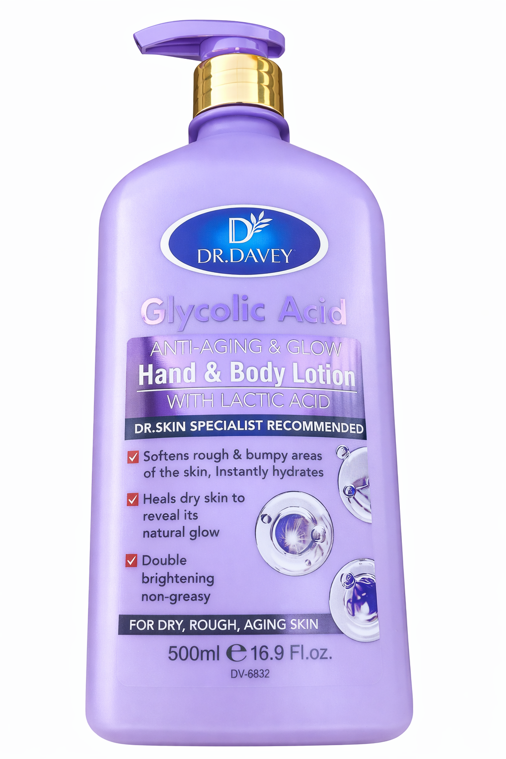 Dr. Davey Glycolic Acid Anti-Aging & Glow Hand and Body Lotion 500ml Lactic Acid Moisturizing Nourish Deep Hydration Skin Repair Smooth Soft Radiance Daily Use For Dry Rough Aging Skin