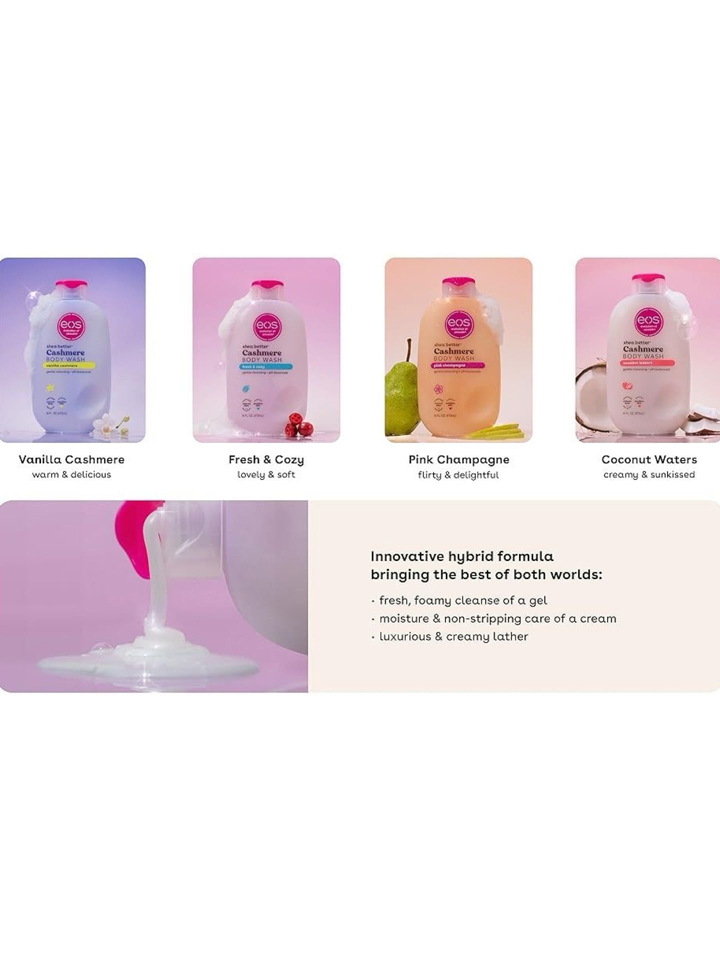 EOS Shea Better Glowing Body Wash Coconut Waters 1000ml Moisturizing 7 Oils + Goat’s Milk Anti-Aging Sun Protection Hydrating Nourish Soft Smooth Skin Daily Cleanse For Dry Skin