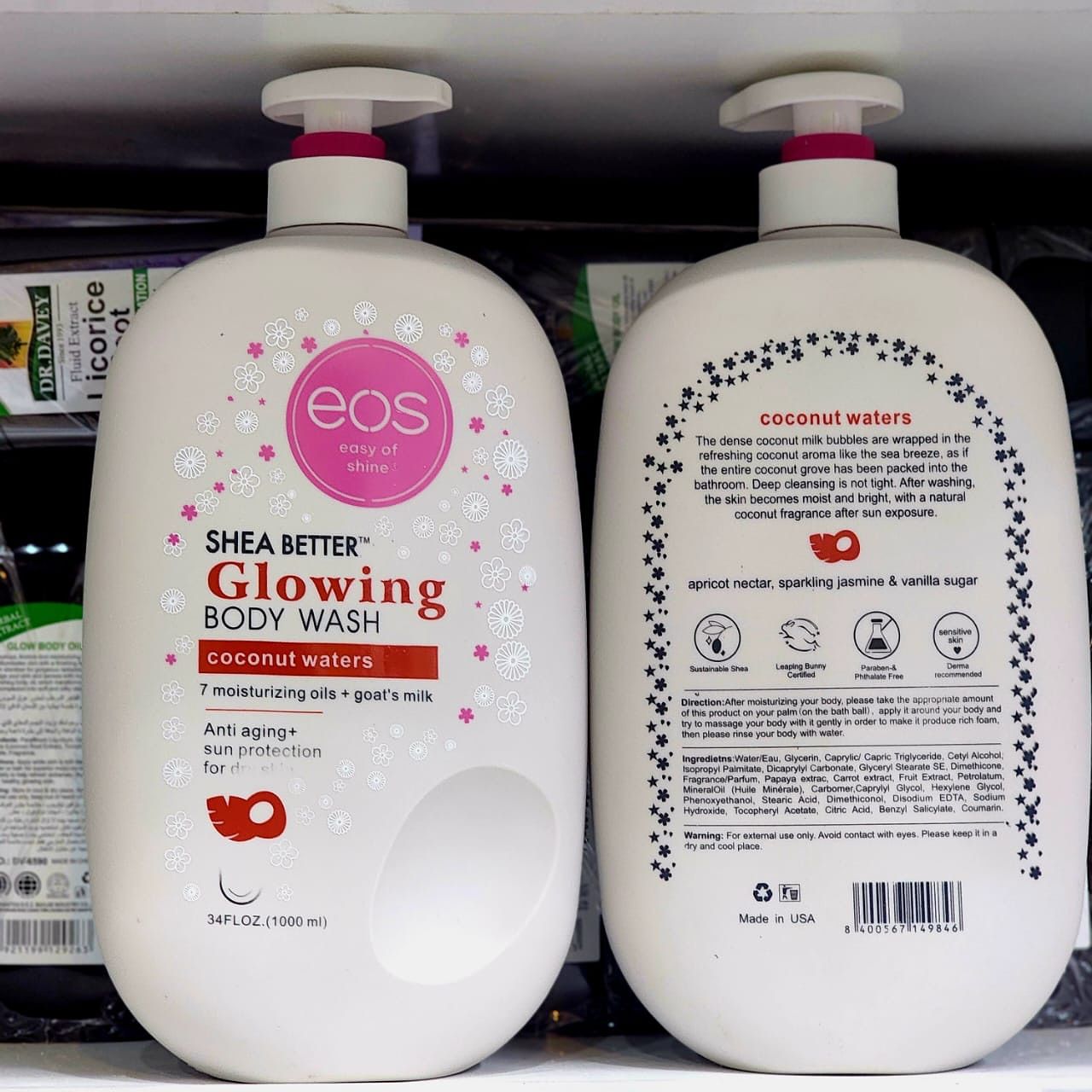 EOS Shea Better Glowing Body Wash Coconut Waters 1000ml Moisturizing 7 Oils + Goat’s Milk Anti-Aging Sun Protection Hydrating Nourish Soft Smooth Skin Daily Cleanse For Dry Skin