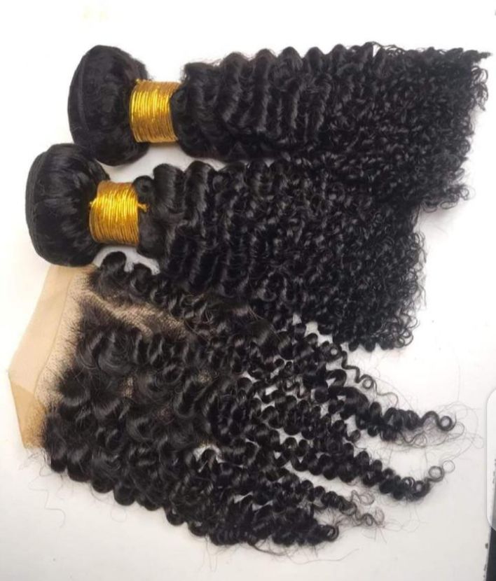 Kinky Curly Human Hair Bundles With Lace Closure – Natural Black Deep Curly Hair Extensions, Soft Tangle Free Brazilian Virgin Hair Weave, Full Volume Long Lasting Hair for Women