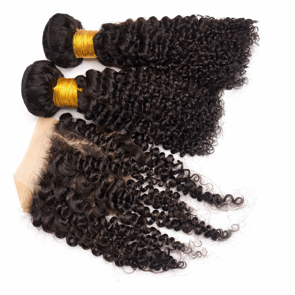 Kinky Curly Human Hair Bundles With Lace Closure – Natural Black Deep Curly Hair Extensions, Soft Tangle Free Brazilian Virgin Hair Weave, Full Volume Long Lasting Hair for Women