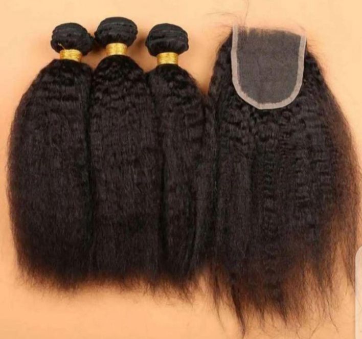 Deep Kinky Curly Human Hair Bundles With Lace Closure – 100% Virgin Hair Extensions, Natural Black Kinky Hair Weave Set for Women, Full Volume Long-Lasting Curly Weave 3 Bundles + Closure