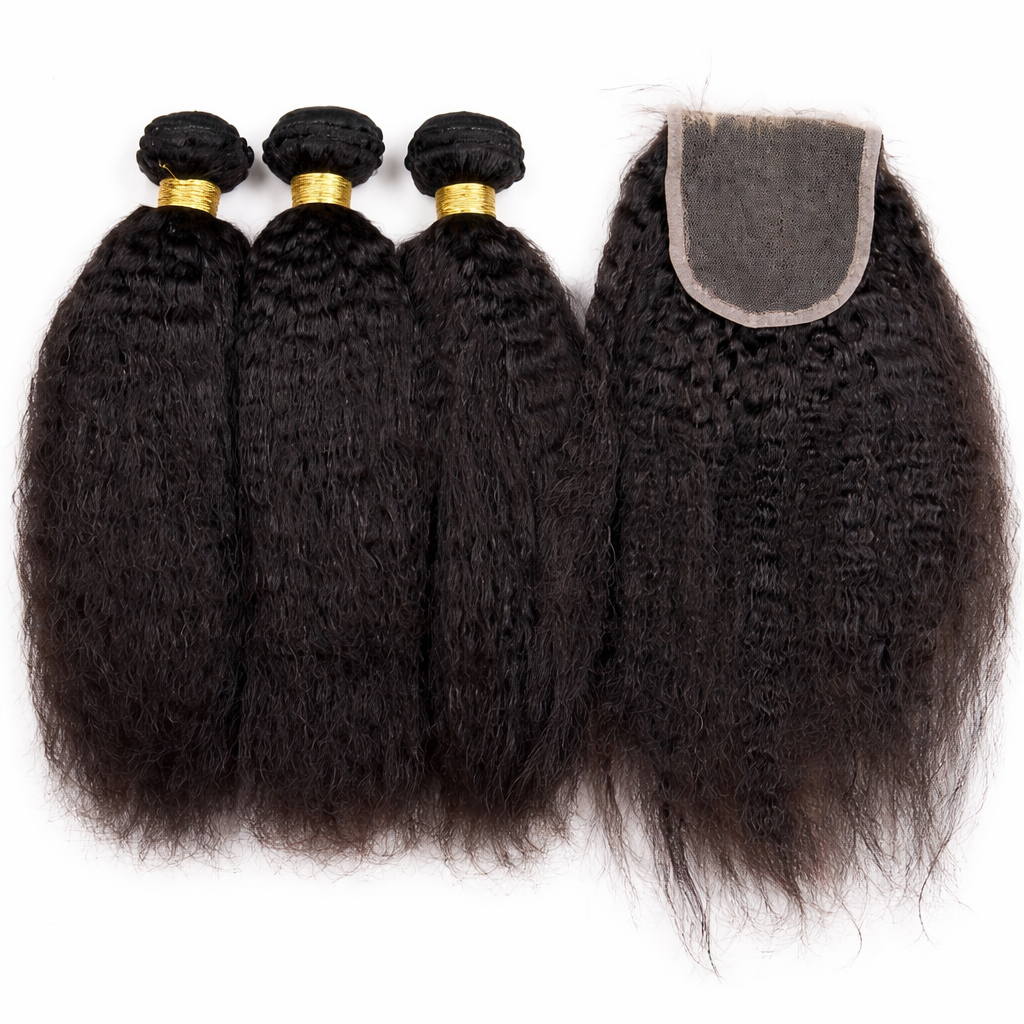 Deep Kinky Curly Human Hair Bundles With Lace Closure – 100% Virgin Hair Extensions, Natural Black Kinky Hair Weave Set for Women, Full Volume Long-Lasting Curly Weave 3 Bundles + Closure