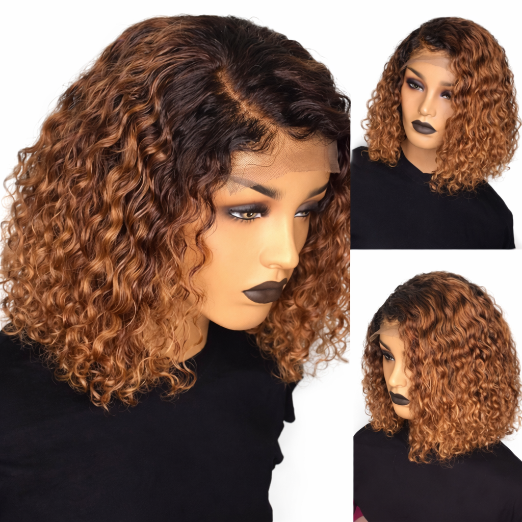 Curly Lace Front Bob Wig Human Hair Ombre Brown Short Deep Wave Lace Frontal Wig Natural Hairline Pre Plucked Glueless Heat Friendly for Women Daily Wear