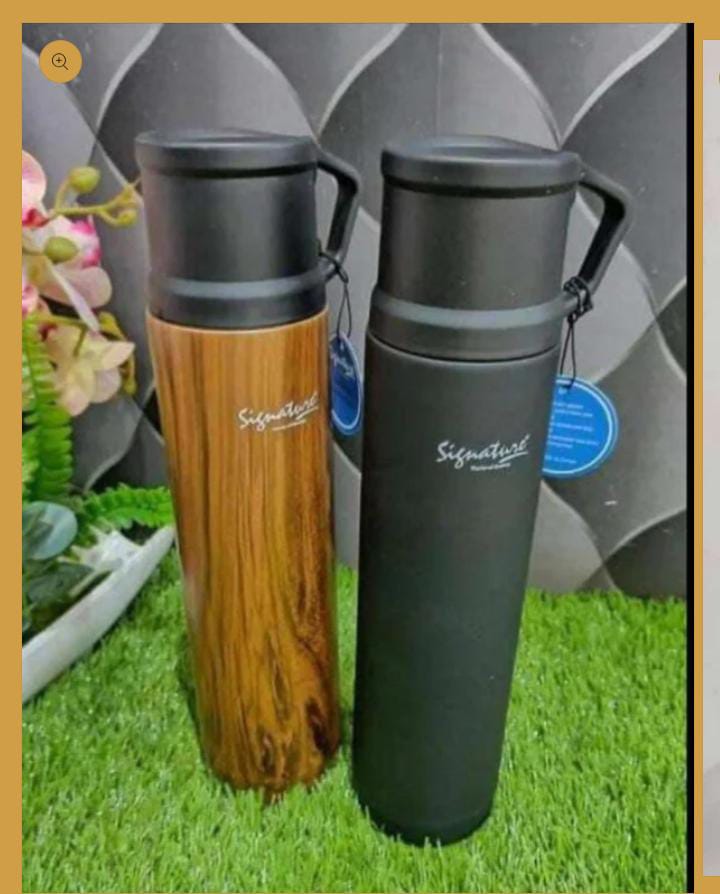 Signature 1L Double Wall Stainless Steel Vacuum Bottle/Flask  . It is durable and reliable for keeping your tea/water hot for 24 hours. Has one handle; one cup  for easy serving and keeping of your be