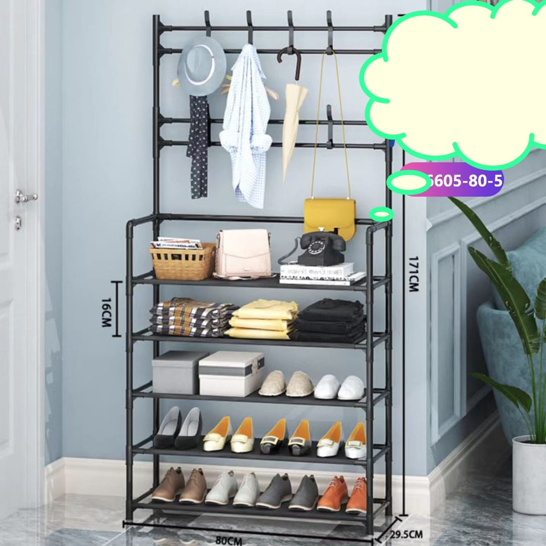 All-In-1 Shoe Rack/Coat Rack/Cap Scarf Bag Cloths Hanger- Black-Recommended  Easy assembly and dismantle. Dimensions 60*30*154cm. Has smaller frame. Use these framed  portable shoe racks to add extra