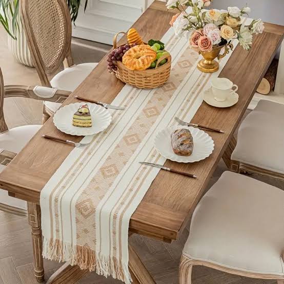 Braided Woven Textured Table Runner with Tassels and 6 Piece Placemats Set for Dining Table Decoration, Durable Cotton Material, Stylish and Elegant Home Accessory