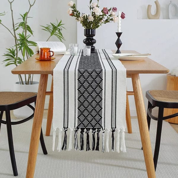 Braided Woven Textured Table Runner with Tassels and 6 Piece Placemats Set for Dining Table Decoration, Durable Cotton Material, Stylish and Elegant Home Accessory