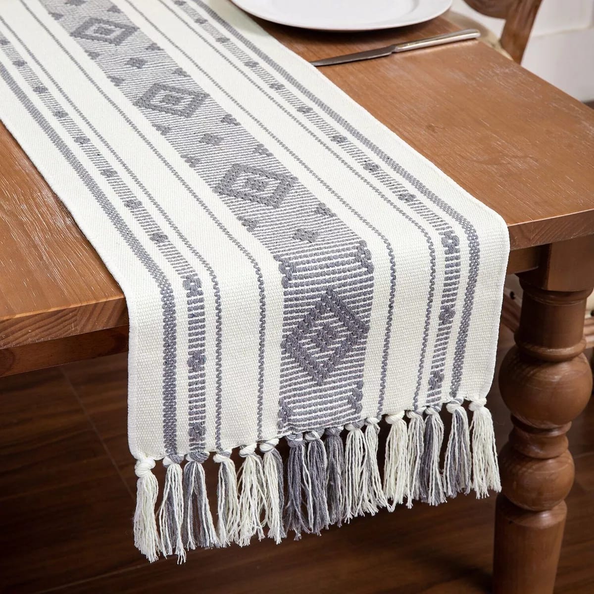 Braided Woven Textured Table Runner with Tassels and 6 Piece Placemats Set for Dining Table Decoration, Durable Cotton Material, Stylish and Elegant Home Accessory
