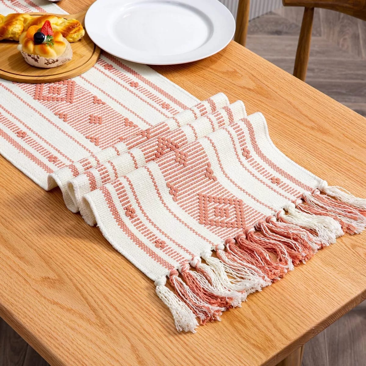 Braided Woven Textured Table Runner with Tassels and 6 Piece Placemats Set for Dining Table Decoration, Durable Cotton Material, Stylish and Elegant Home Accessory