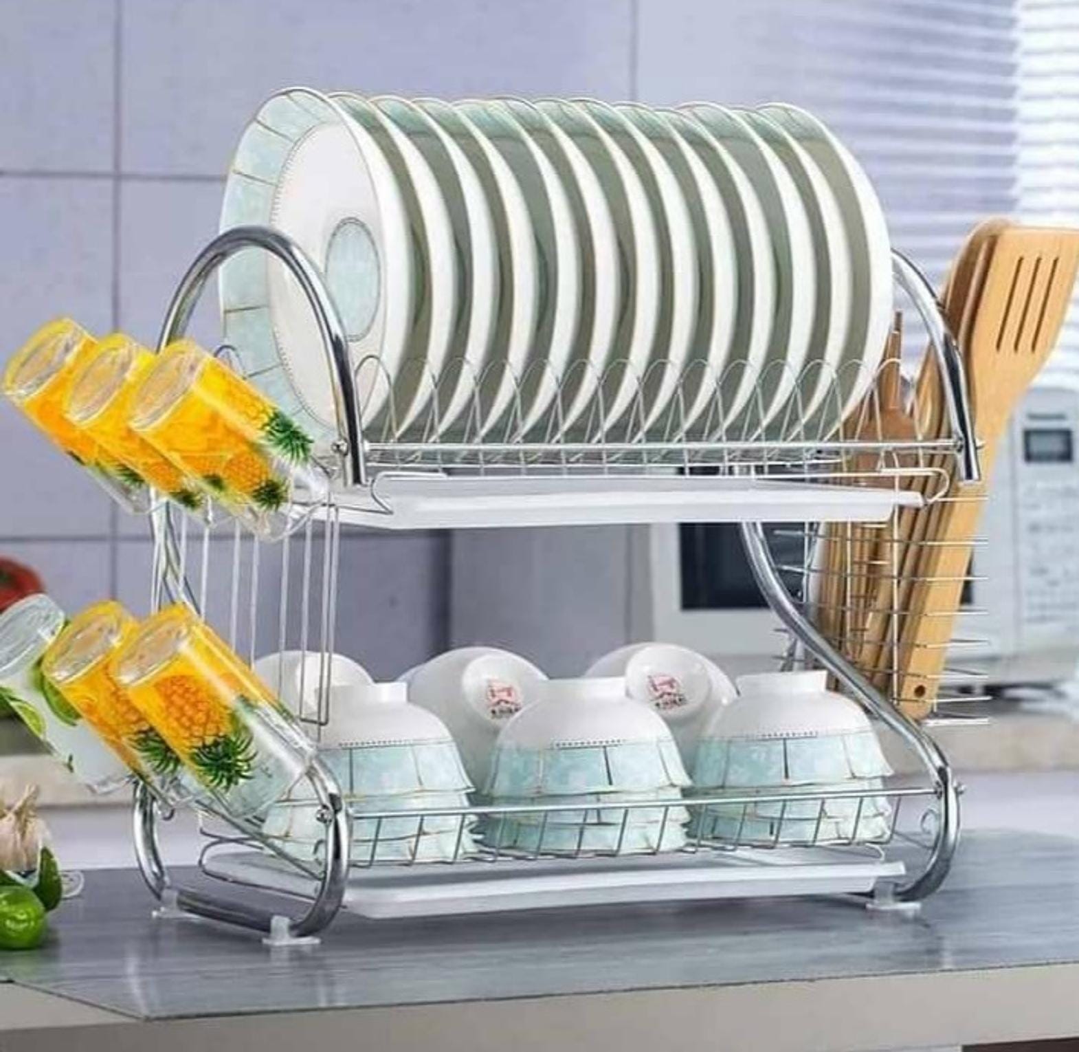 2 Tier Stainless Dish Rack   It is designed for easy access of the required piece with no risk on creating a mess since most dinner sets are usually fragile and delicate