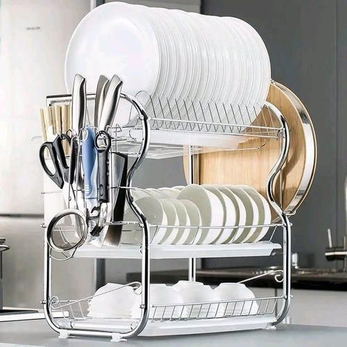 3-Tier Dish Rack Stainless Steel Utensil Holder & Dish Drier  Crafted with durable stainless steel, this elegant and sturdy dish rack offers ample space to dry plates, bowls, cups, utensils, and even
