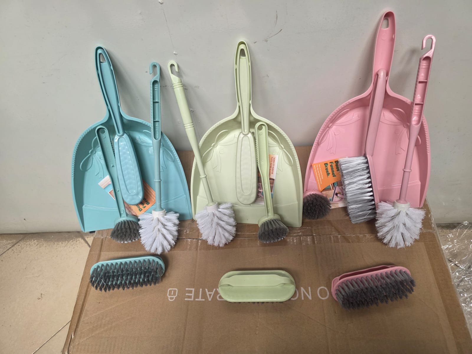 5 in 1 dust pan, toilet brush,hand brush,bottle washing brush  and small shoe cleaning brush . Its versatile design adapts to multiple cleaning needs, from kitchen sinks to bathroom surfaces, making i