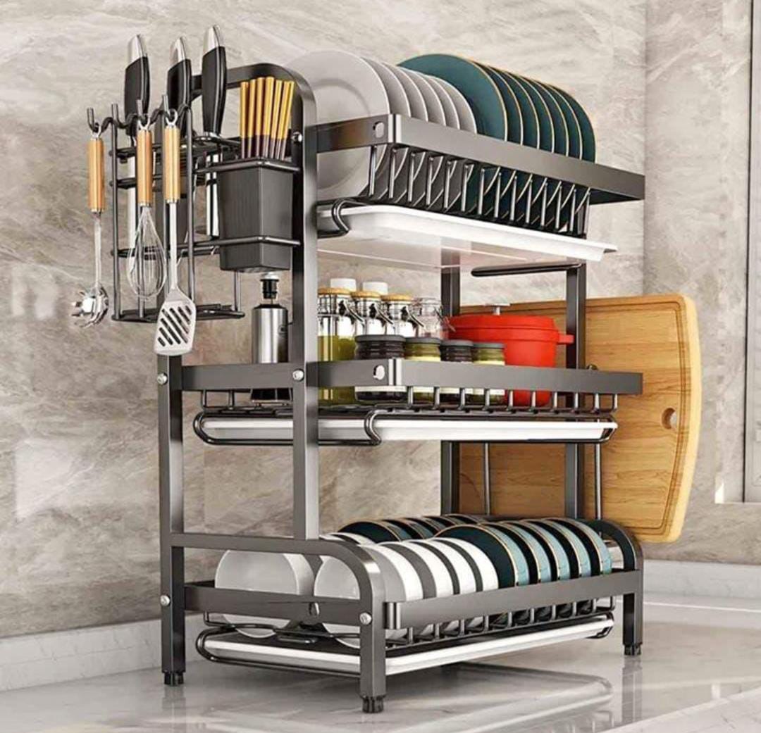 3 layer dishrack advanced black High quality heavy duty 3 tier dish rack with cutlery holder. The material used is Carbon steel metal . It has 3 white water draining trays. It is scratch and rust resi