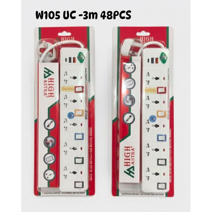 High Astra 5-Way Socket Power Extension Cable with 2 USB Charging Ports   a multifunctional power extension designed for safety and convenience. This versatile unit features 5 universal sockets alongs