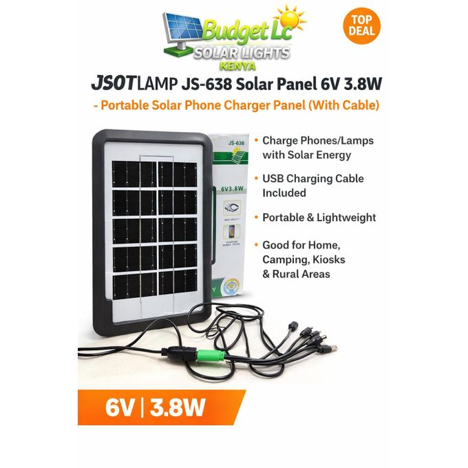 JSOT Solar Panel 6V 3.8W Portable Solar Phone Charger Panel (With Cable)  This compact panel is designed for portable charging and works great for basic solar lighting systems and phone charging (cabl