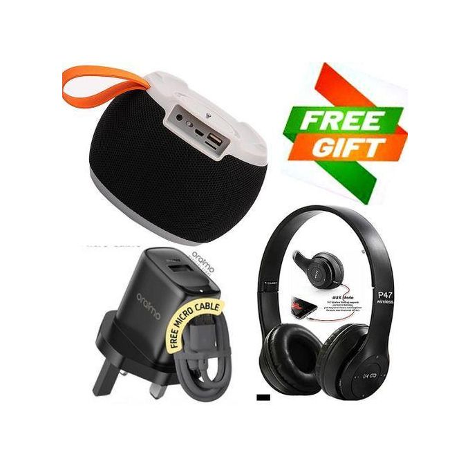 Caston Portable Super Bass Bluetooth Wireless Speaker With USB Flash Drive & Auxial Cable Slot + GIFTS Smartphones Bluetooth Wireless Headphones, USB Fast Charger Oraimo