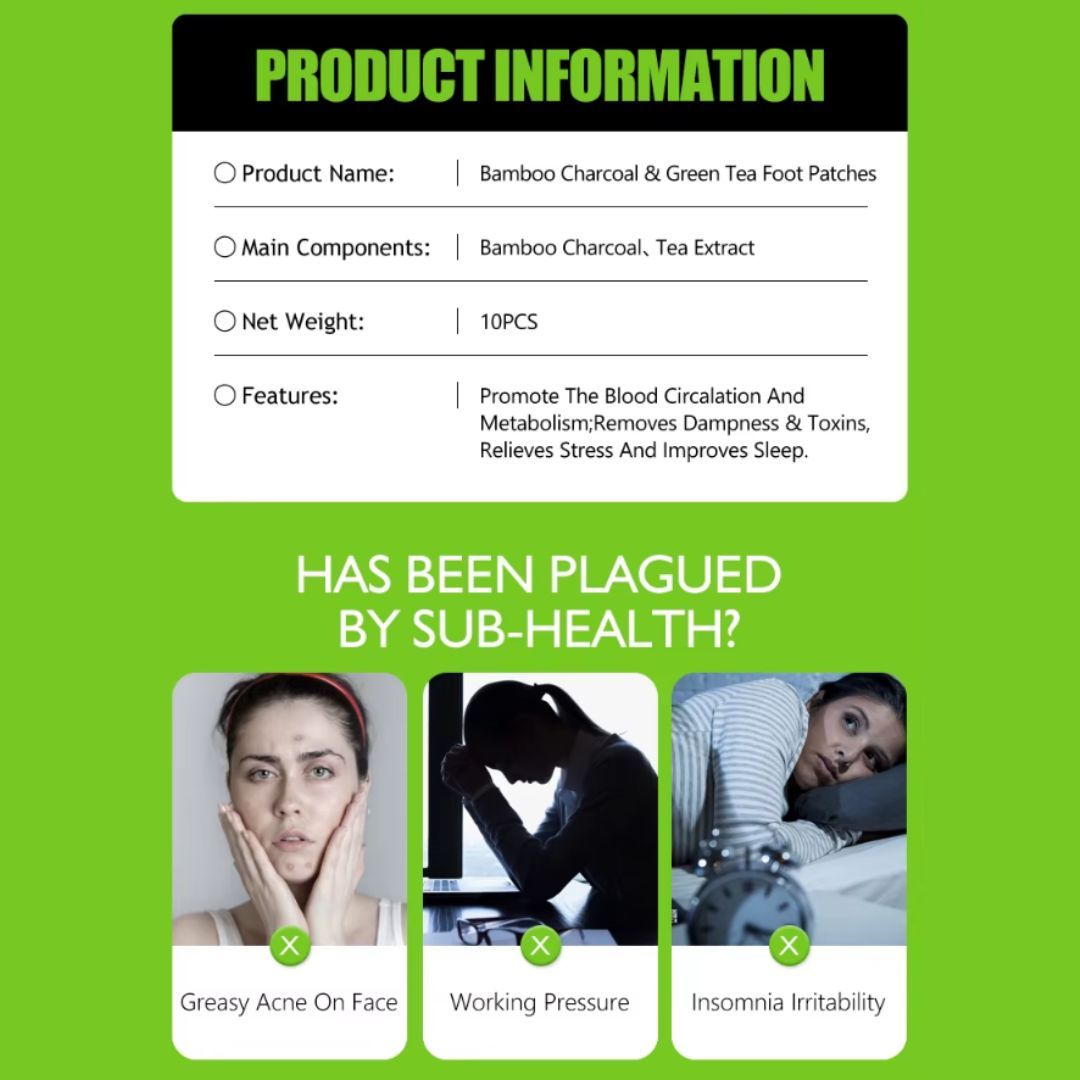 Disunie Bamboo Charcoal & Green Tea Detox Foot Patches – Natural Sleep & Stress Relief (10 Pads) Extract Health Relax Deep Cleaning Skin Care Pads Detoxification