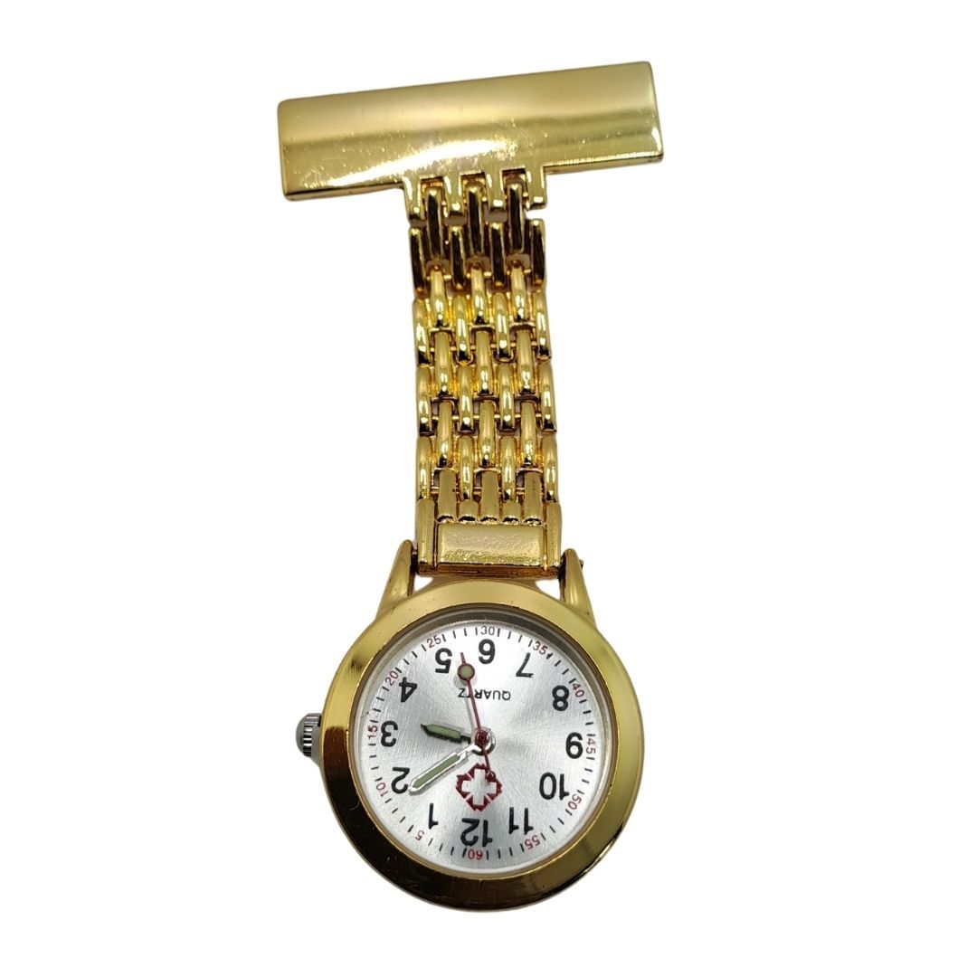Professional Nurse Fob Watch GOLD STRAIGHT - Stainless Steel Clip-On Pocket Watch for Doctors, Paramedics & Medical Staff (Quartz Movement, Pin Brooch Attachment)