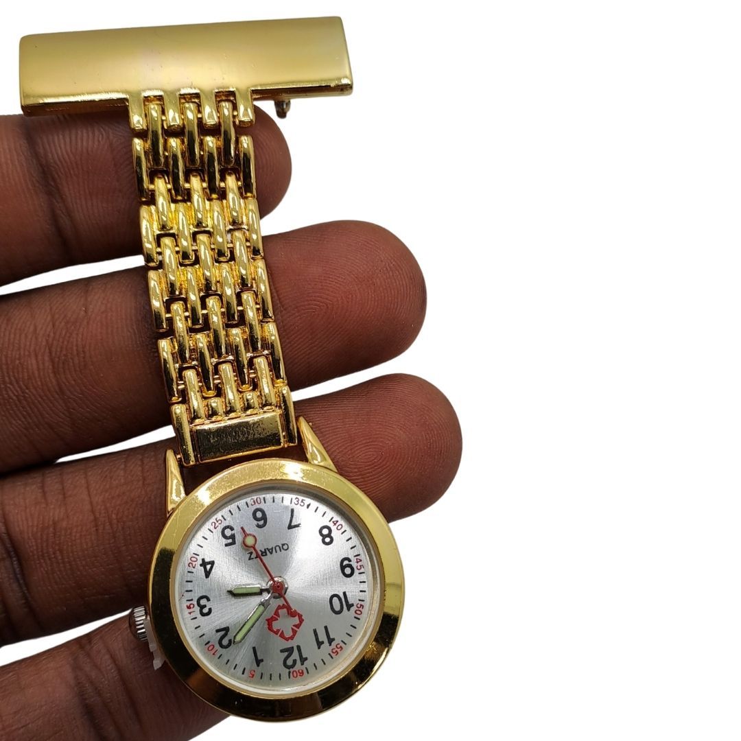 Professional Nurse Fob Watch GOLD STRAIGHT - Stainless Steel Clip-On Pocket Watch for Doctors, Paramedics & Medical Staff (Quartz Movement, Pin Brooch Attachment)