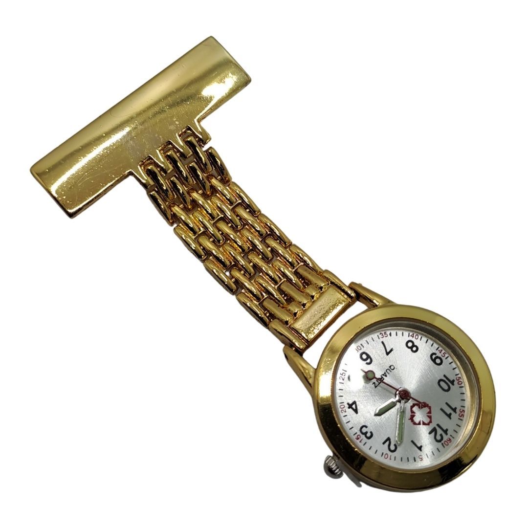 Professional Nurse Fob Watch GOLD STRAIGHT - Stainless Steel Clip-On Pocket Watch for Doctors, Paramedics & Medical Staff (Quartz Movement, Pin Brooch Attachment)