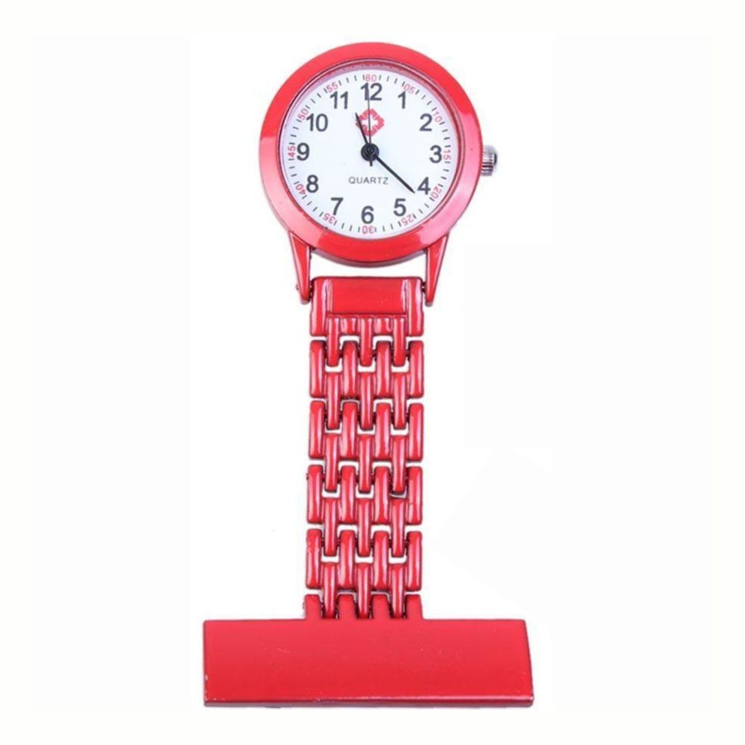 RED Nurse Fob Watch Clip-On | Quartz Pin Brooch Pocket Watch for Medical Professionals Metallic Metal Straight