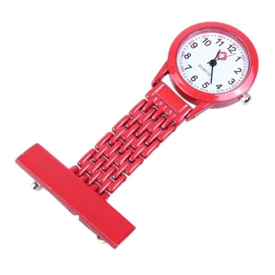 RED Nurse Fob Watch Clip-On | Quartz Pin Brooch Pocket Watch for Medical Professionals Metallic Metal Straight