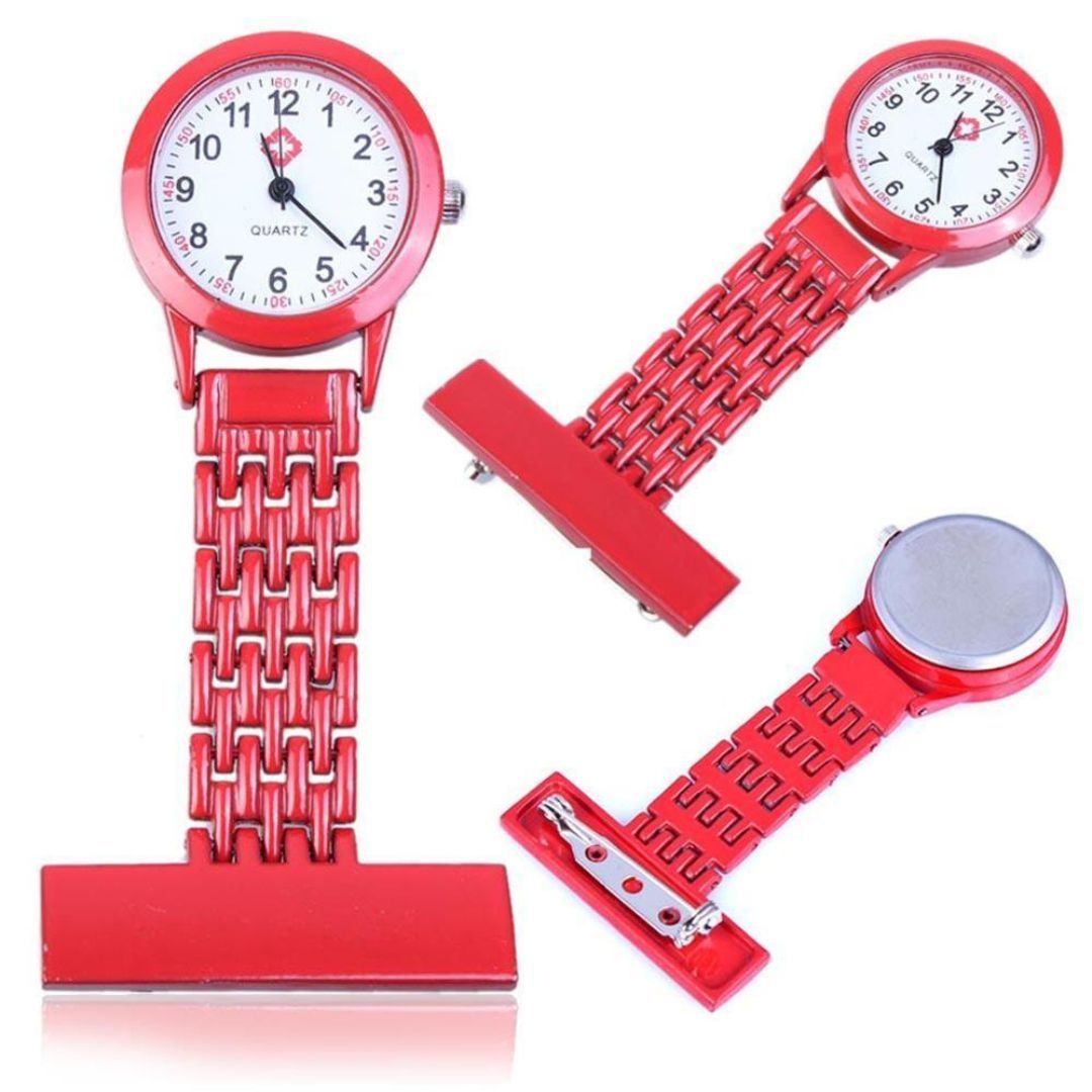 RED Nurse Fob Watch Clip-On | Quartz Pin Brooch Pocket Watch for Medical Professionals Metallic Metal Straight