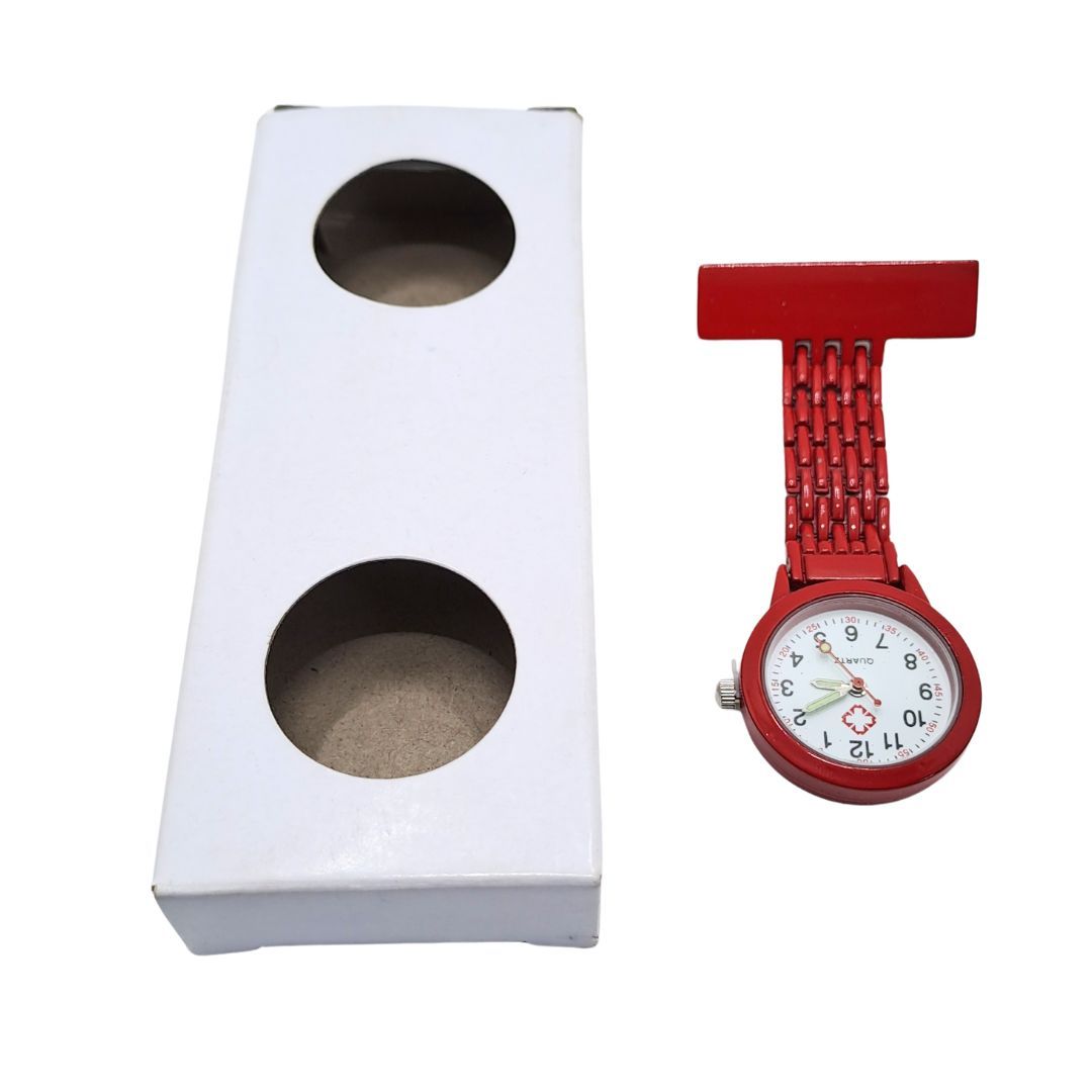 RED Nurse Fob Watch Clip-On | Quartz Pin Brooch Pocket Watch for Medical Professionals Metallic Metal Straight