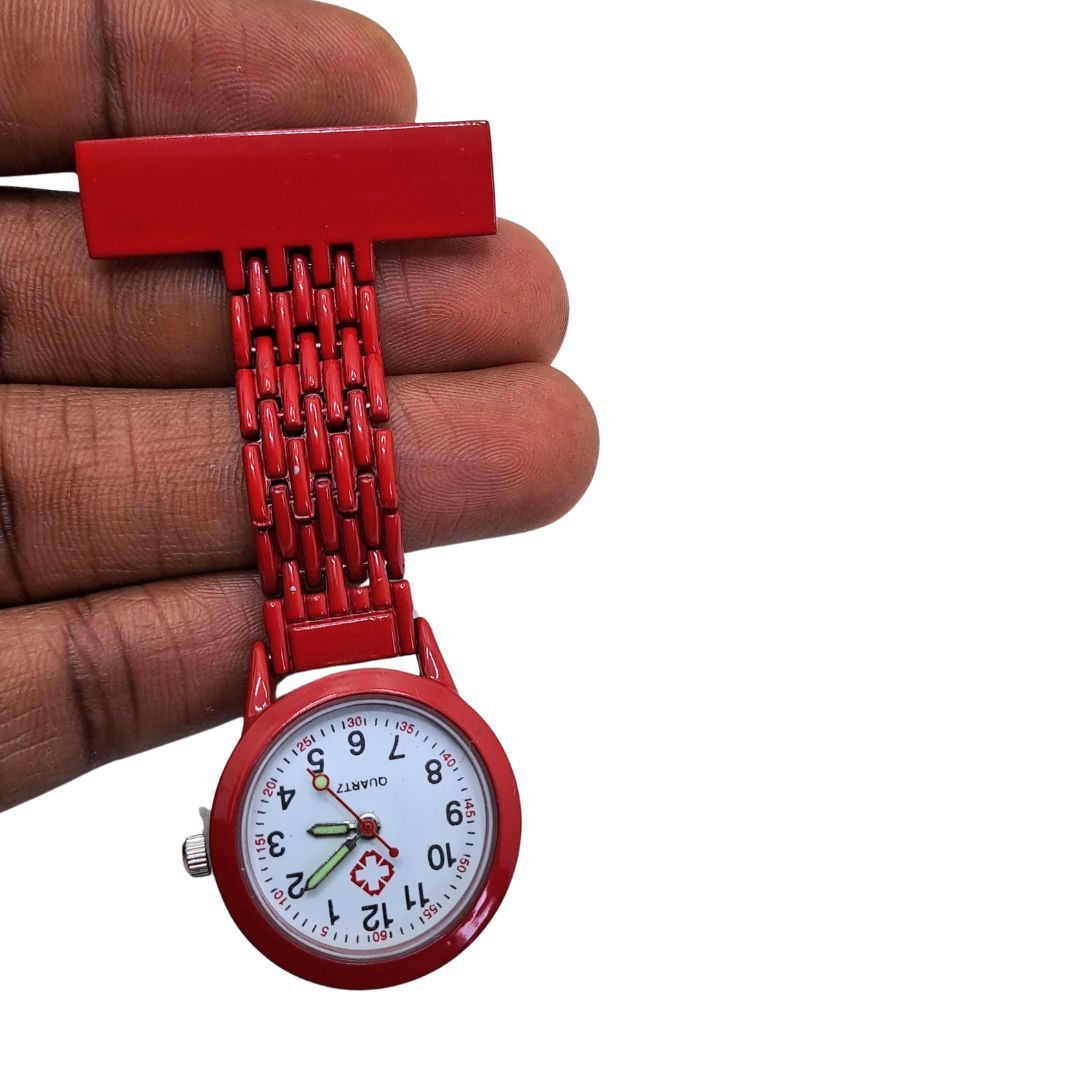RED Nurse Fob Watch Clip-On | Quartz Pin Brooch Pocket Watch for Medical Professionals Metallic Metal Straight