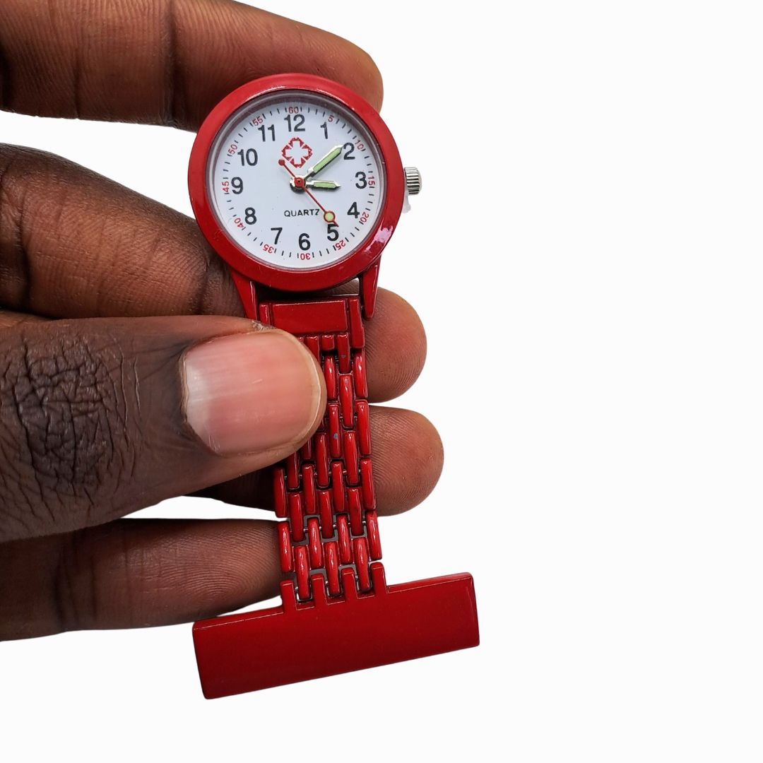 RED Nurse Fob Watch Clip-On | Quartz Pin Brooch Pocket Watch for Medical Professionals Metallic Metal Straight