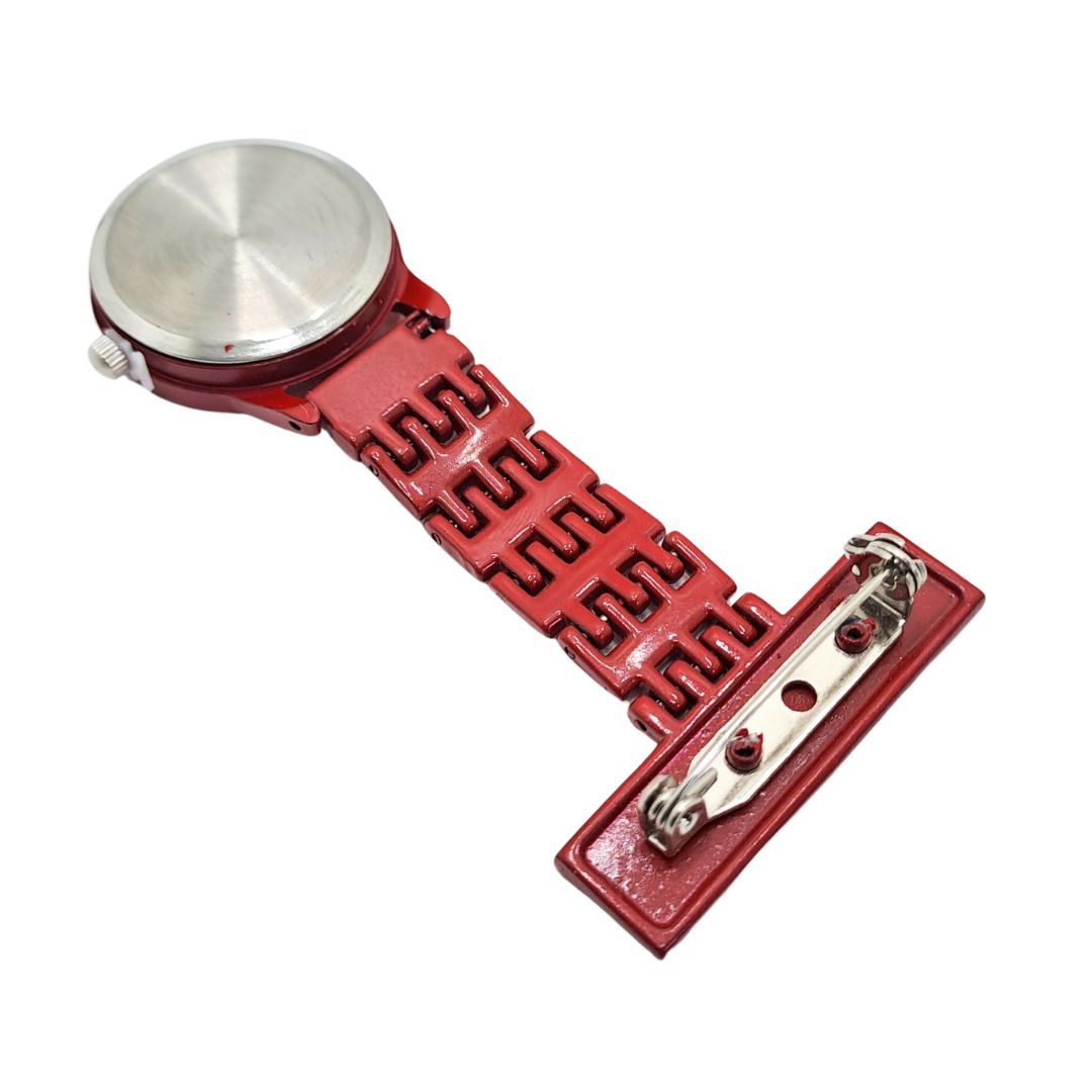 RED Nurse Fob Watch Clip-On | Quartz Pin Brooch Pocket Watch for Medical Professionals Metallic Metal Straight