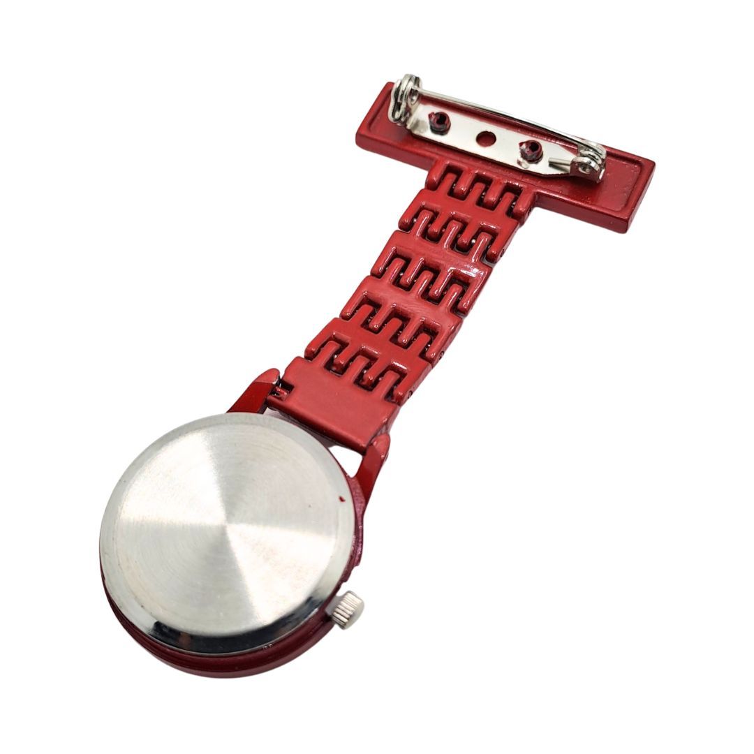 RED Nurse Fob Watch Clip-On | Quartz Pin Brooch Pocket Watch for Medical Professionals Metallic Metal Straight