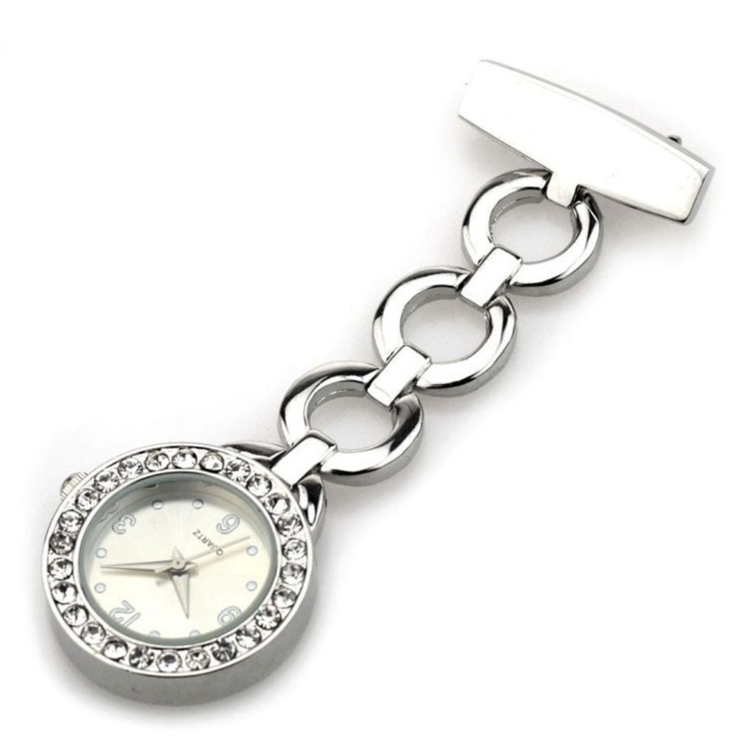 SILVER Circles Clip-on Nurse Fob Watch - Quartz Movement Medical Uniform Pocket Watch Lab Coat